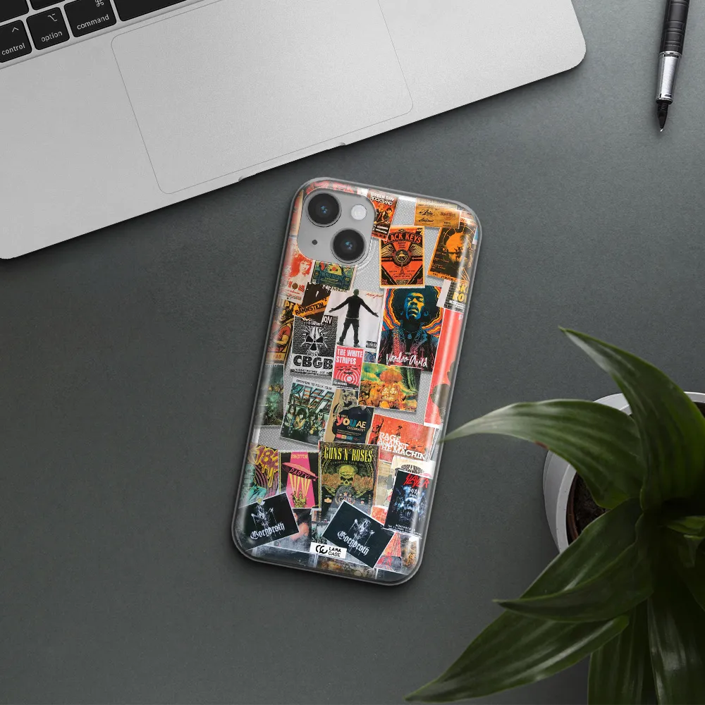 a collection of posters on a wall Apple iPhone 14 plus Clear TPU Case