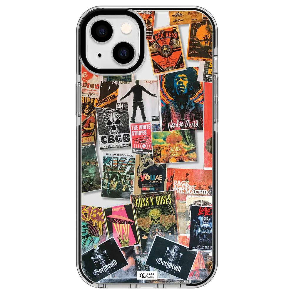 a collection of posters on a wall Apple iPhone 14 plus impact black border Case