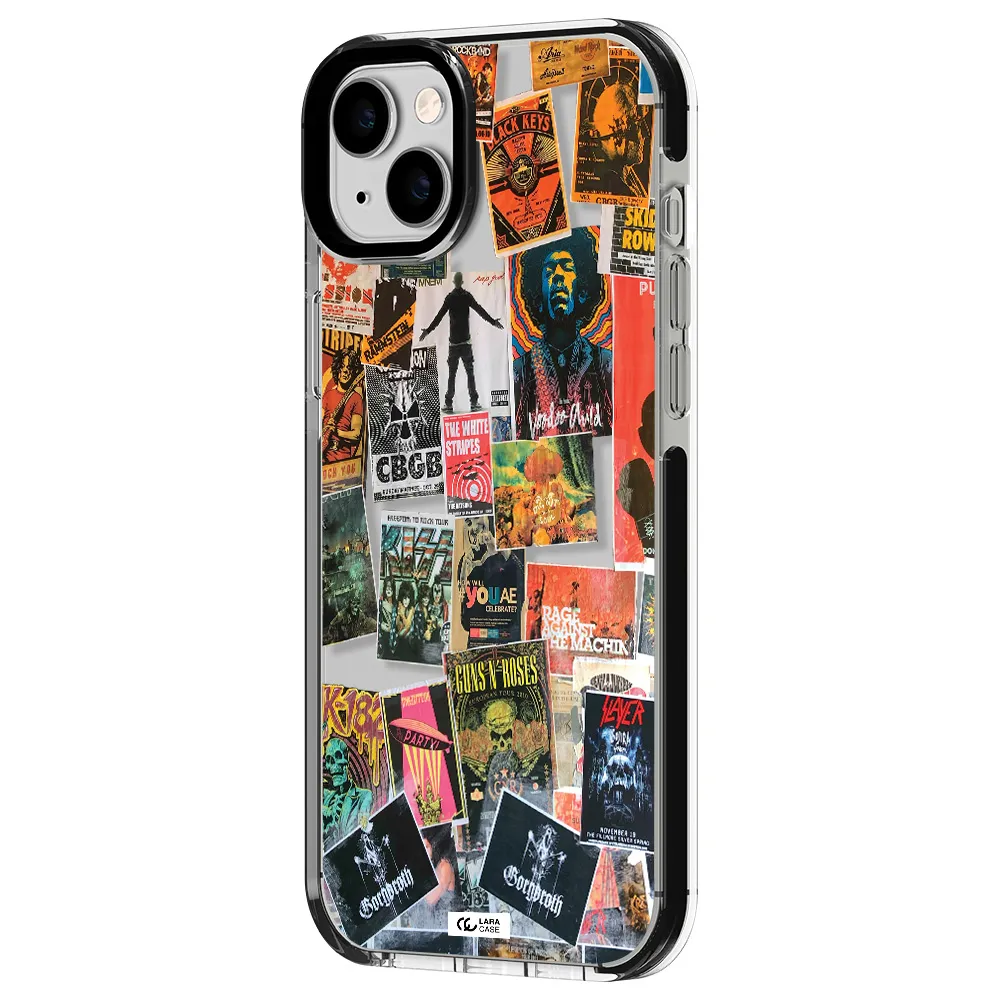 a collection of posters on a wall Apple iPhone 14 plus impact black border Case