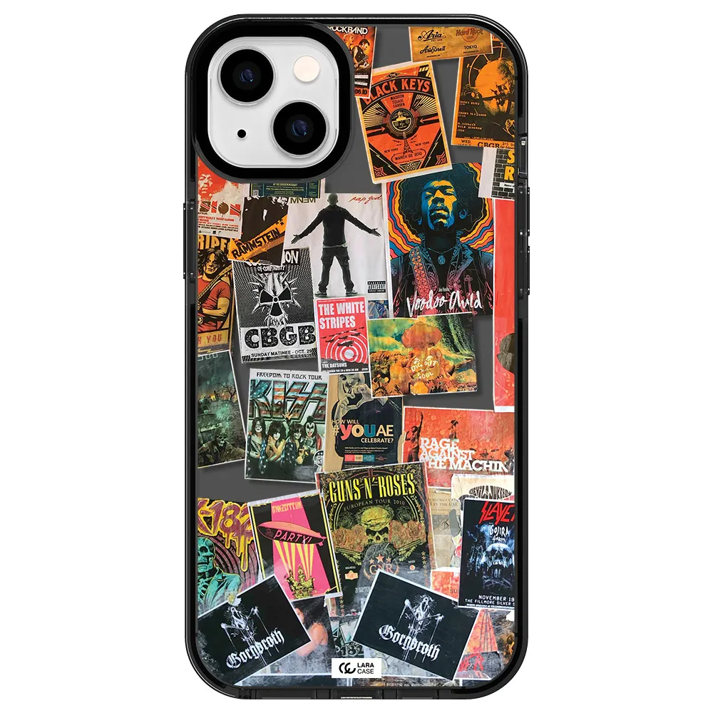 a collection of posters on a wall Apple iPhone 14 plus impact Smoke Black Case