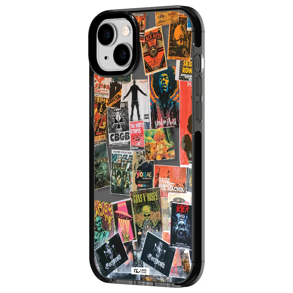 a collection of posters on a wall Apple iPhone 14 plus impact Smoke Black Case