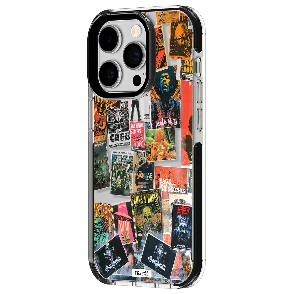 a collection of posters on a wall Apple iPhone 14 pro impact black border Case