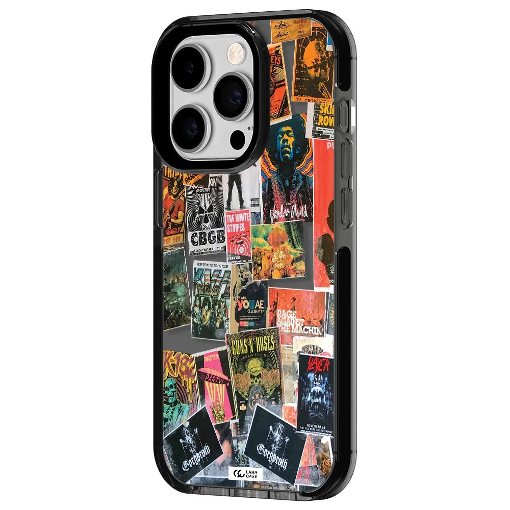 a collection of posters on a wall Apple iPhone 14 pro impact Smoke Black Case