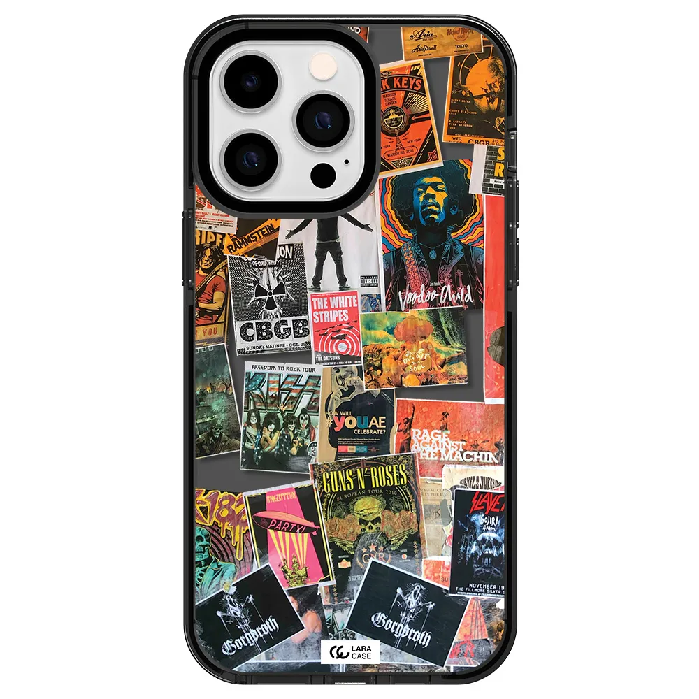 a collection of posters on a wall Apple iPhone 14 pro max impact Smoke Black Case