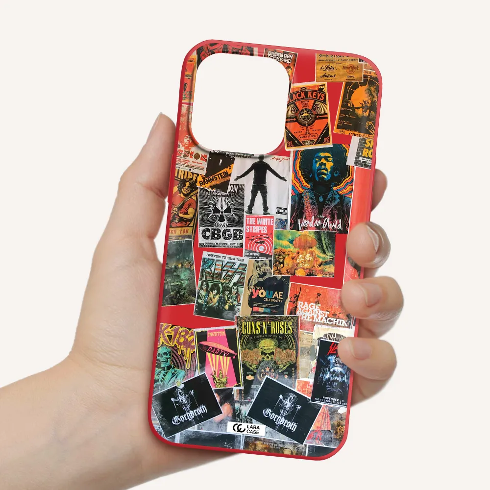 a collection of posters on a wall Apple iPhone 14 pro max Silicone Imperial Red Case