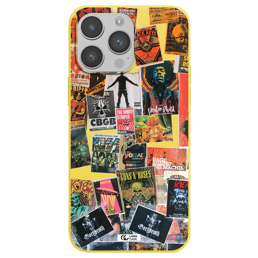 a collection of posters on a wall Apple iPhone 14 pro Silicone canary yellow Case