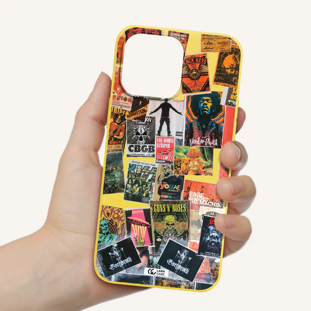 a collection of posters on a wall Apple iPhone 14 pro Silicone canary yellow Case