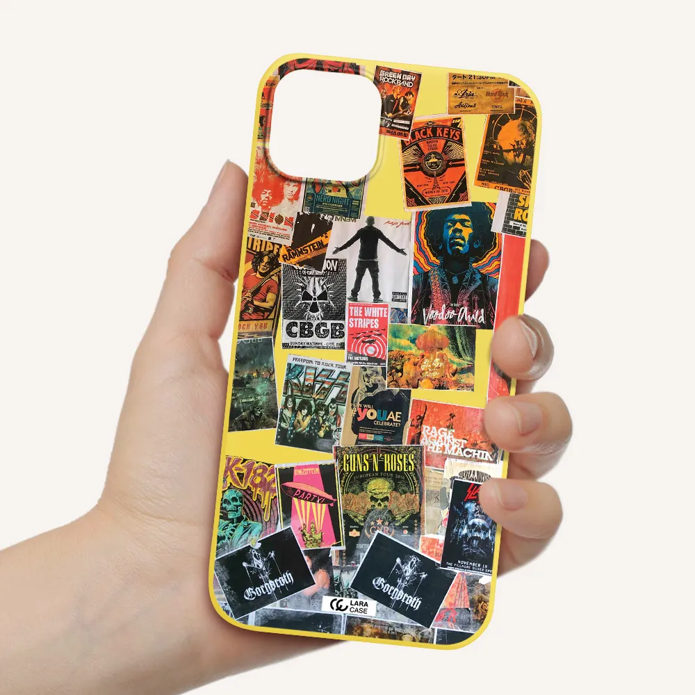 a collection of posters on a wall Apple iPhone 14 Silicone canary yellow Case