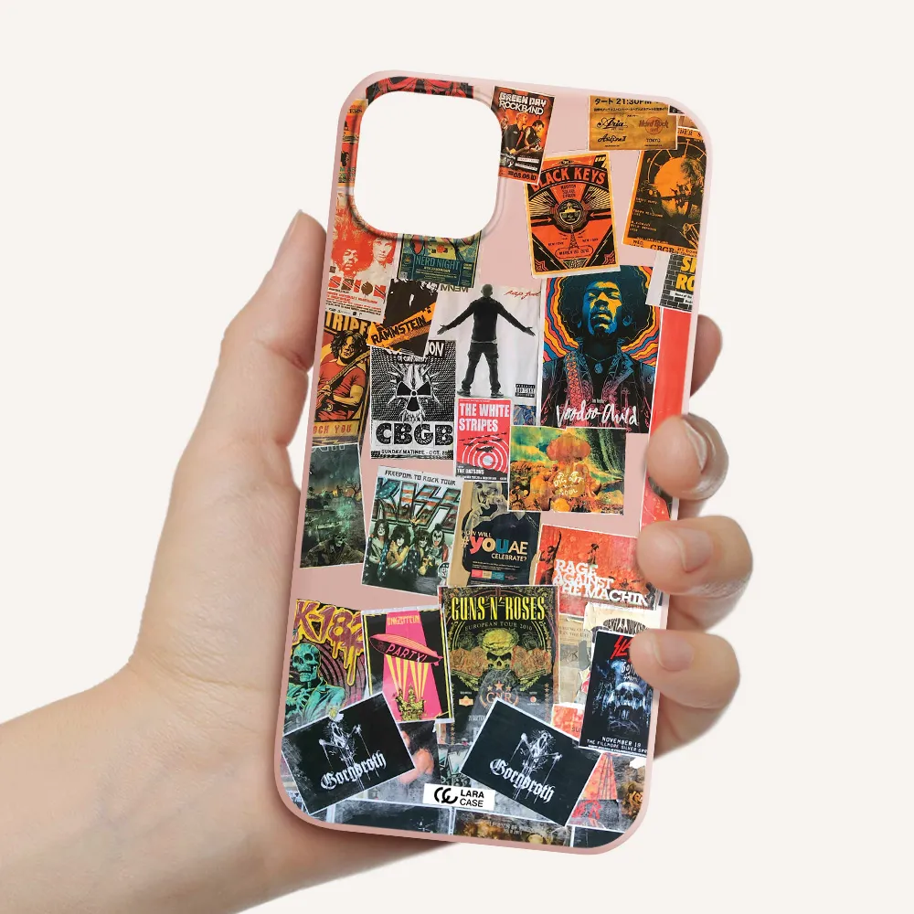 a collection of posters on a wall Apple iPhone 14 Silicone pastel pink Case