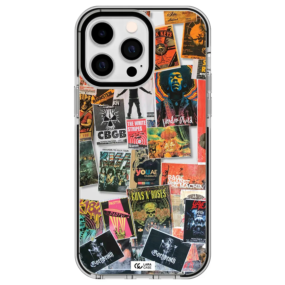 a collection of posters on a wall Apple iPhone 15 Pro impact black border Case
