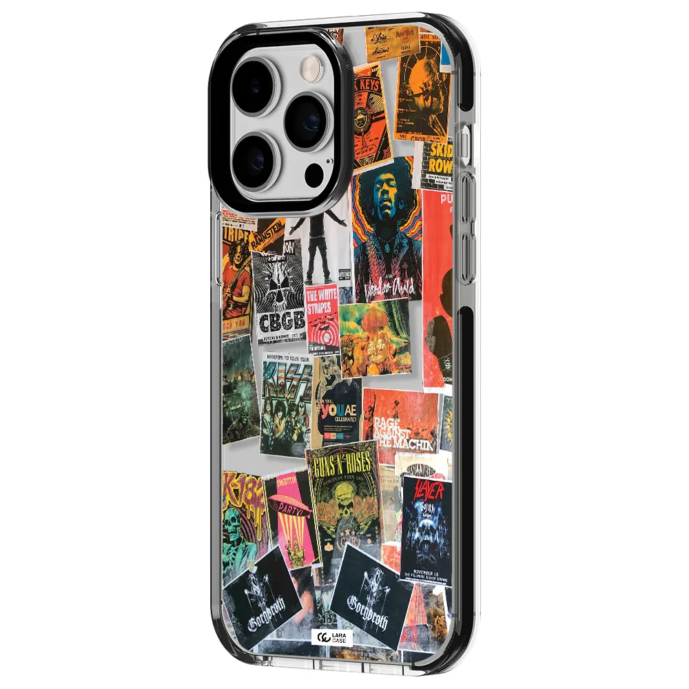 a collection of posters on a wall Apple iPhone 15 Pro impact black border Case