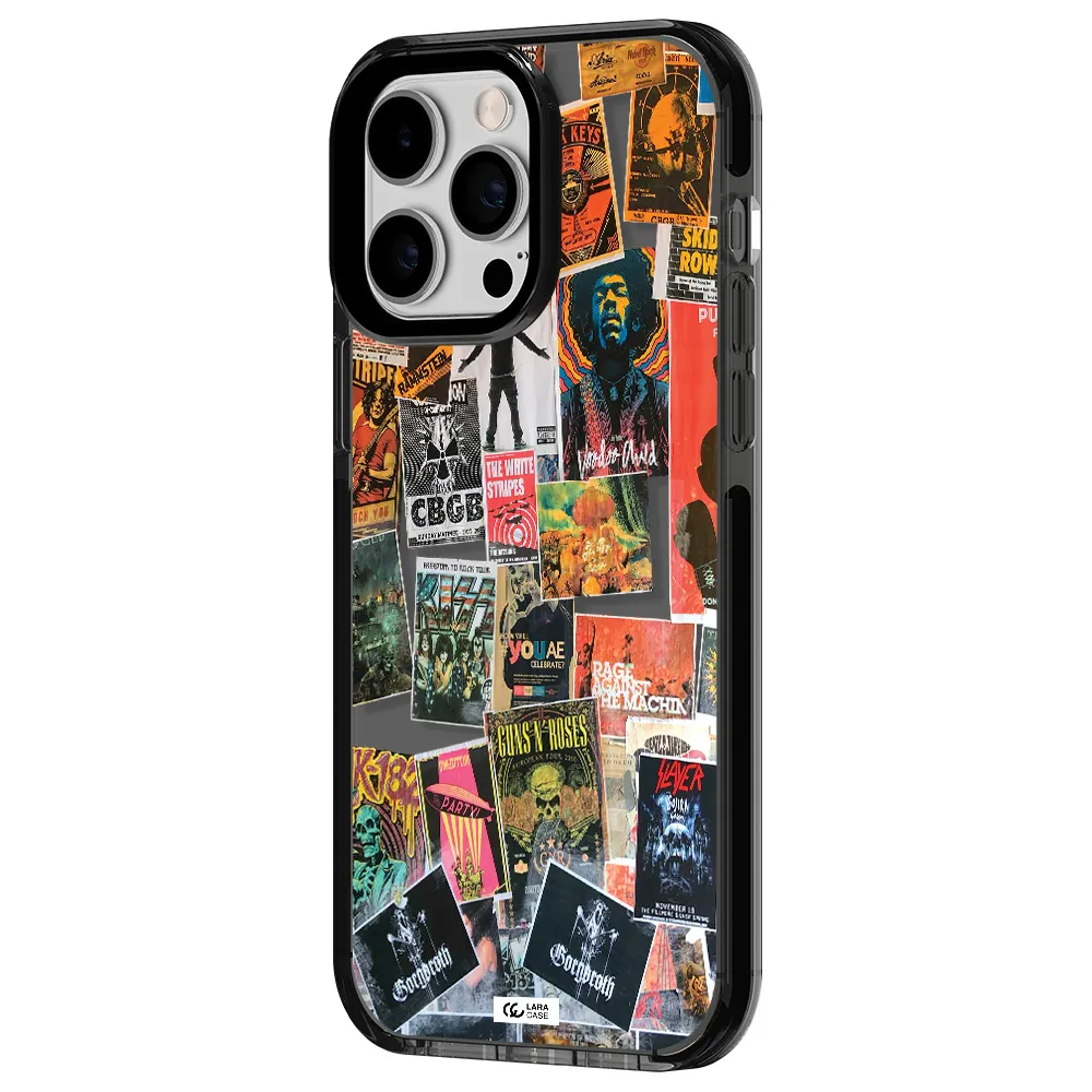 a collection of posters on a wall Apple iPhone 15 Pro impact Smoke Black Case