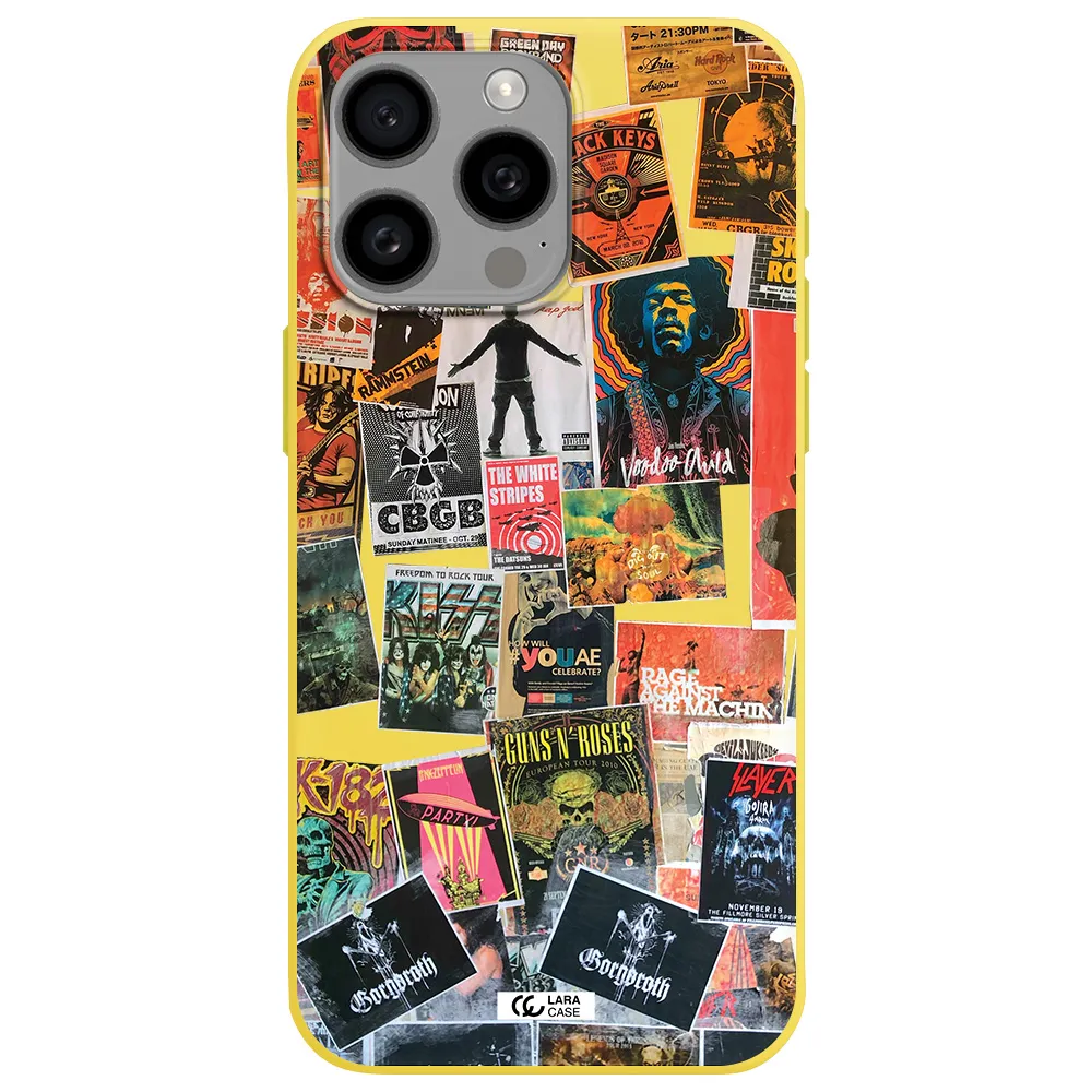 a collection of posters on a wall Apple Iphone 15 Pro max Silicone canary yellow Case