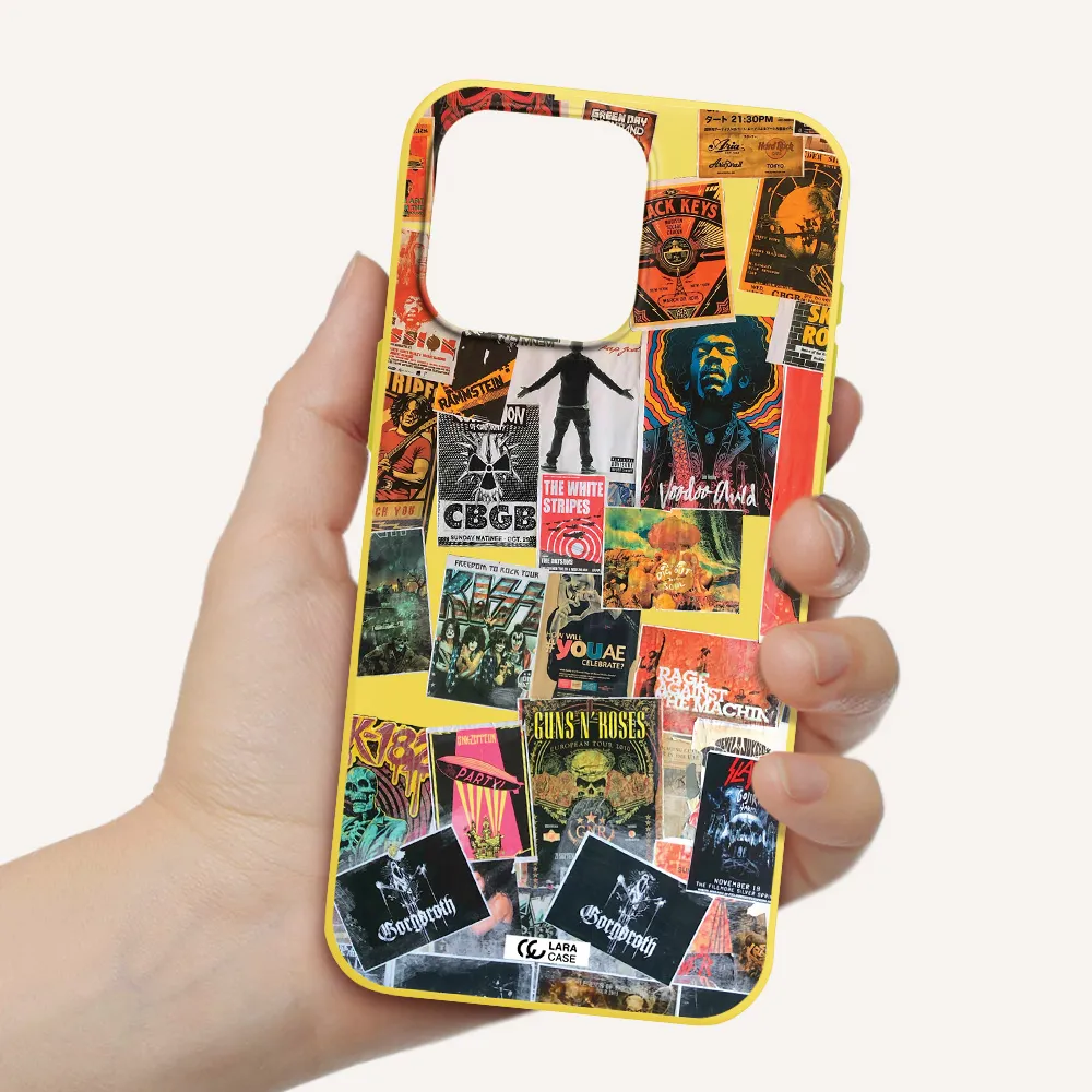 a collection of posters on a wall Apple Iphone 15 Pro max Silicone canary yellow Case