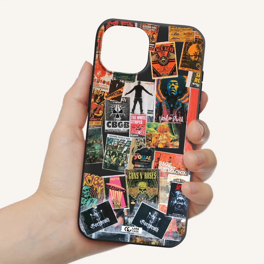 a collection of posters on a wall Apple iPhone 15 Silicone black Case