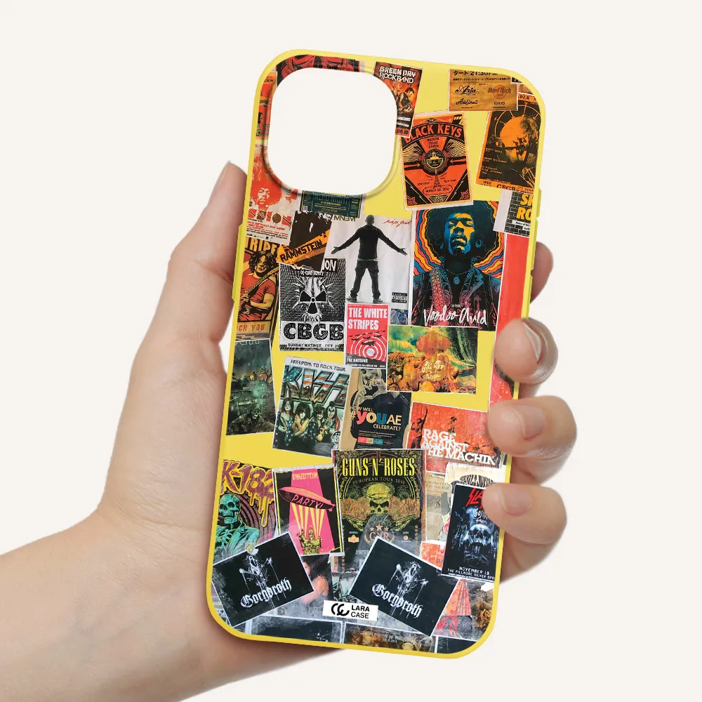 a collection of posters on a wall Apple iPhone 15 Silicone canary yellow Case