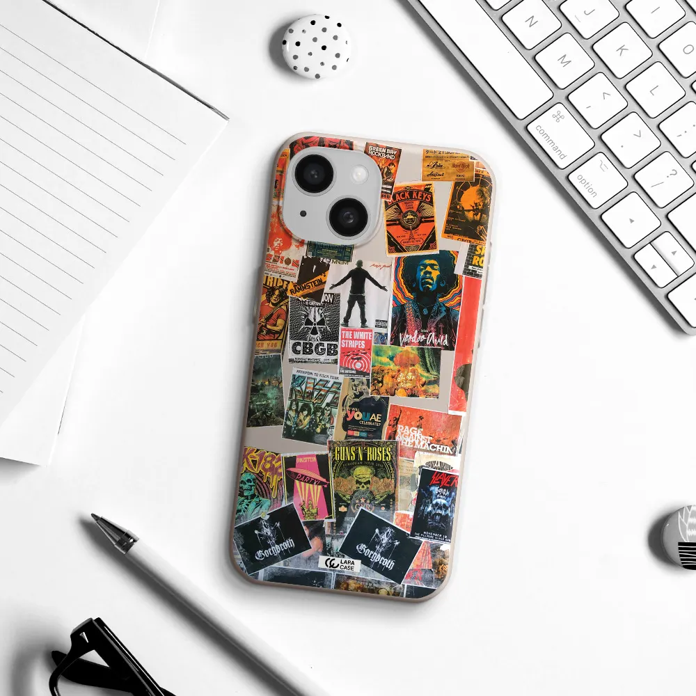 a collection of posters on a wall Apple iPhone 15 Silicone Stone Case