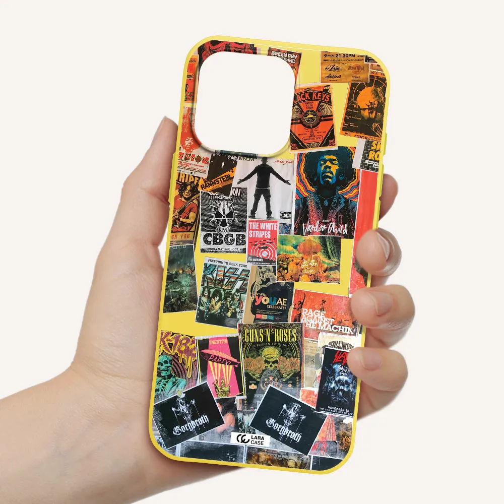 A Collection Of Posters On A Wall Apple Iphone 16 Pro Max Silicone Canary Yellow Case