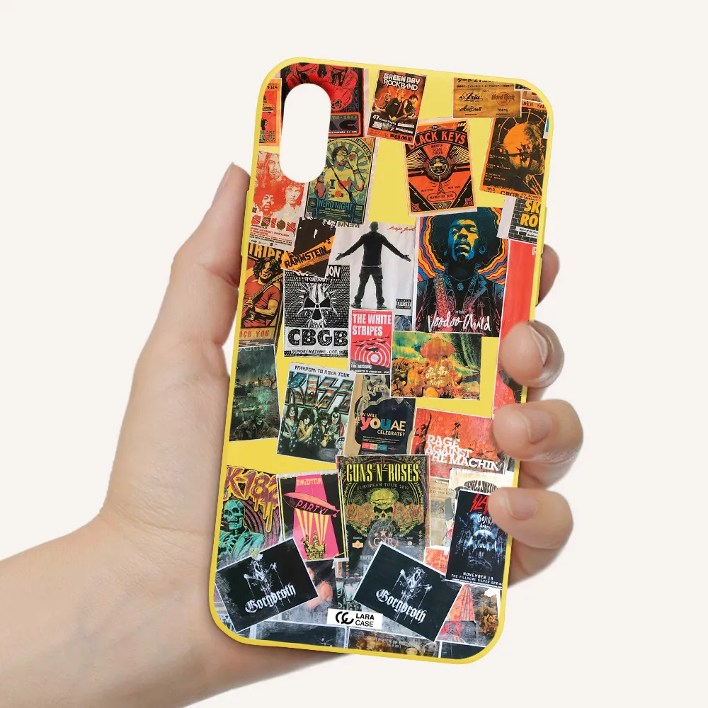 a collection of posters on a wall Apple iPhone XS Silicone canary yellow Case