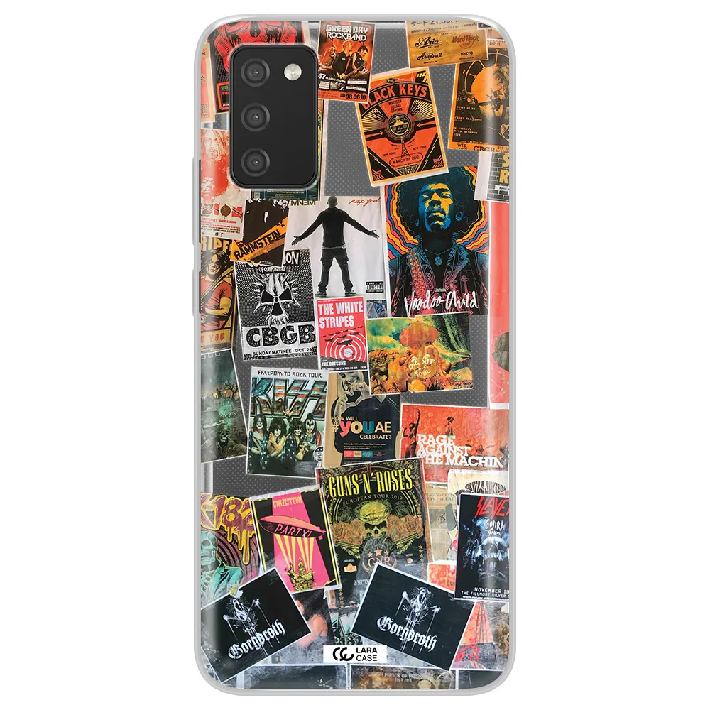 a collection of posters on a wall Samsung A02S Clear TPU Case