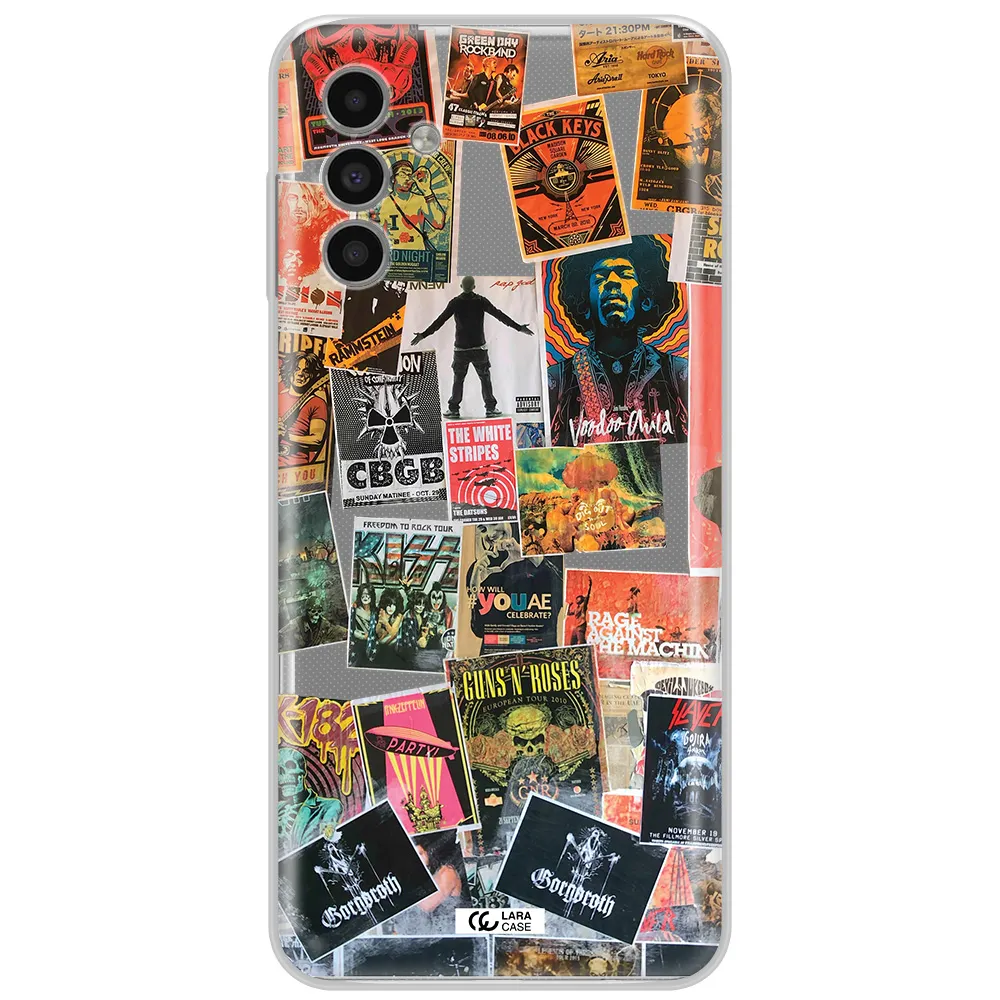 A Collection Of Posters On A Wall Samsung A13 5G Clear Tpu Case