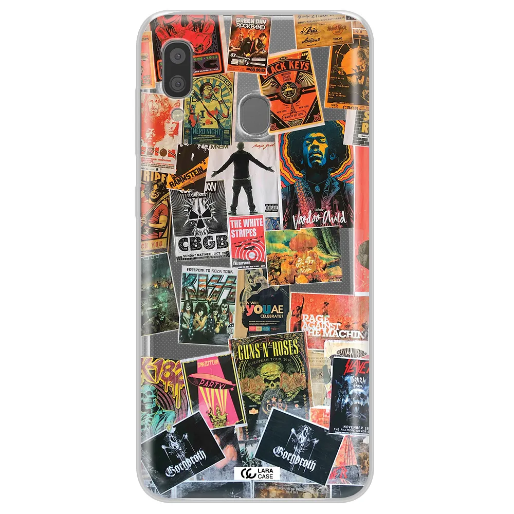a collection of posters on a wall Samsung A20 Clear TPU Case