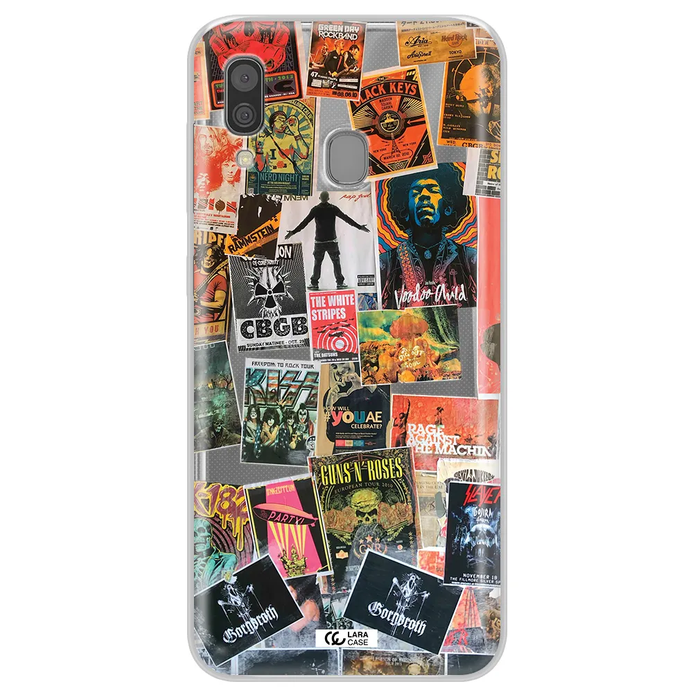a collection of posters on a wall Samsung A30 Clear TPU Case