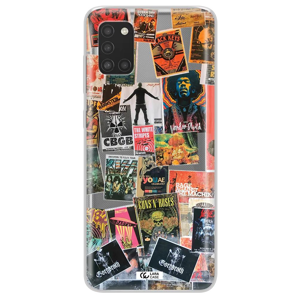 a collection of posters on a wall Samsung A31 Clear TPU Case