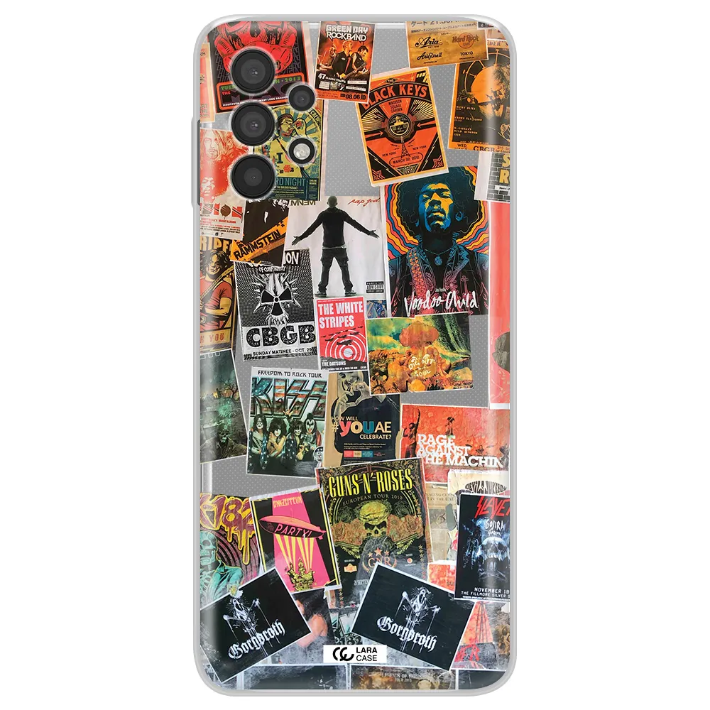 a collection of posters on a wall Samsung A32 Clear TPU Case