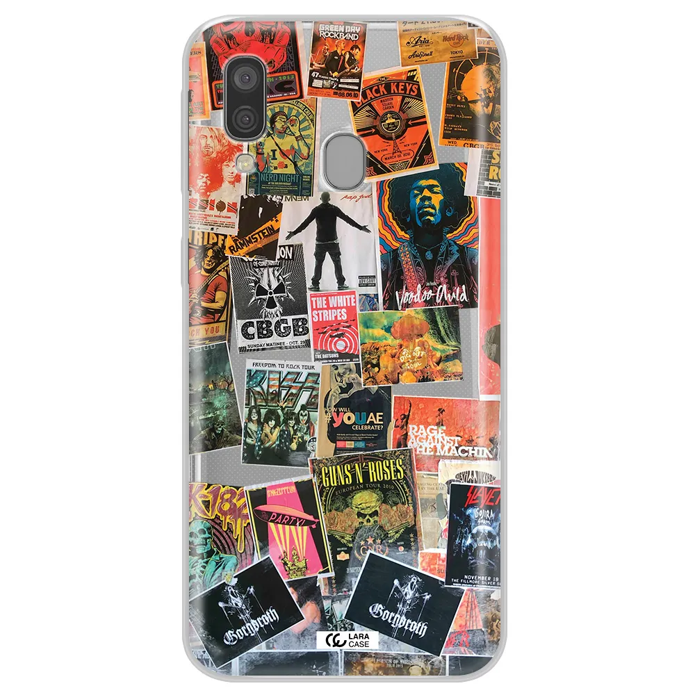 a collection of posters on a wall Samsung A40 Clear TPU Case