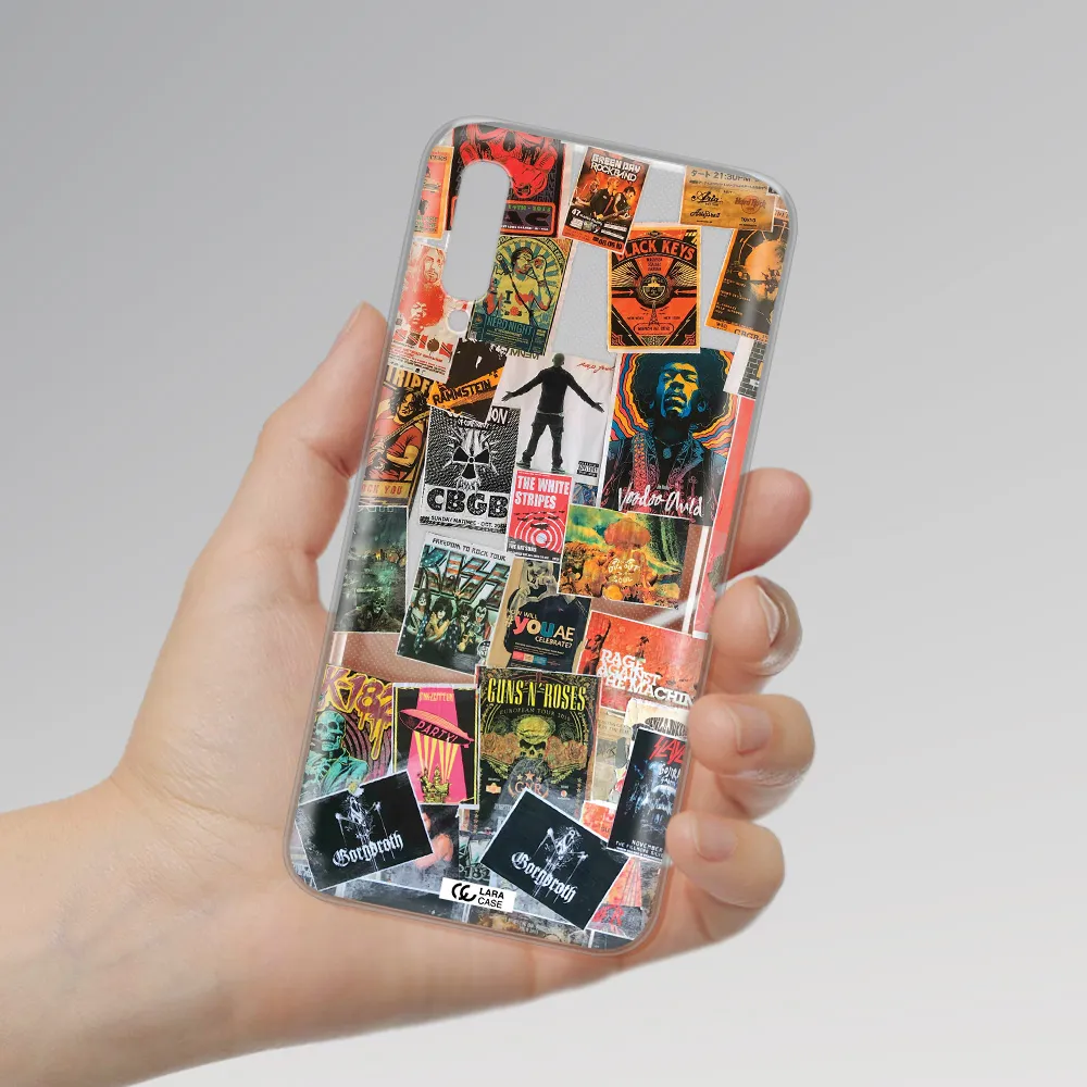 a collection of posters on a wall Samsung A50 Clear TPU Case