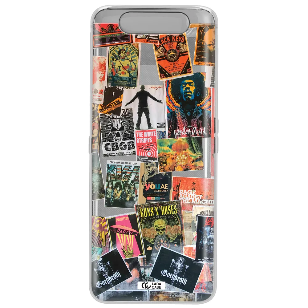 a collection of posters on a wall Samsung A80 Clear TPU Case