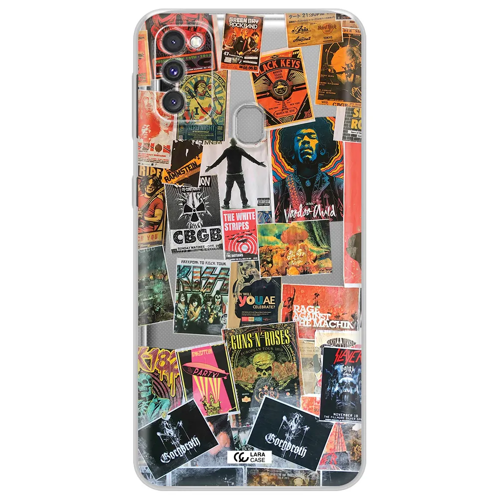 a collection of posters on a wall Samsung M30S Clear TPU Case