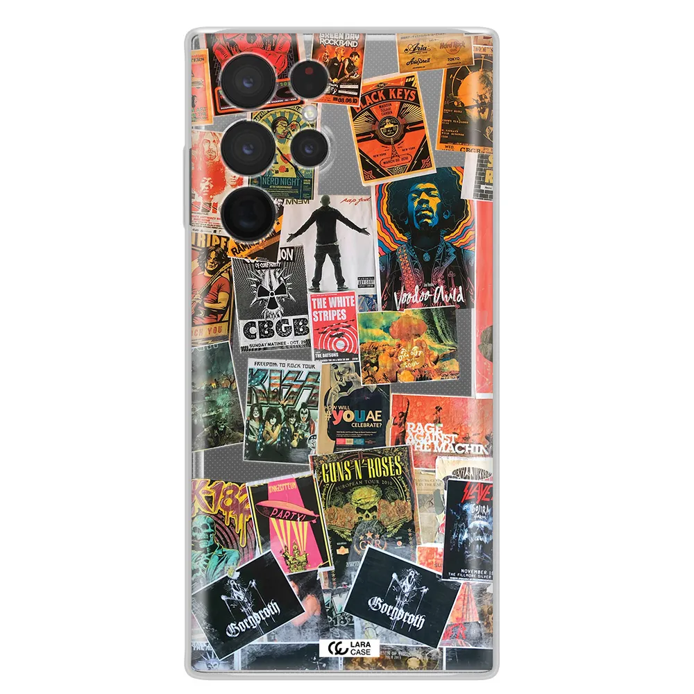 a collection of posters on a wall Samsung S 22 Ultra Clear TPU Case