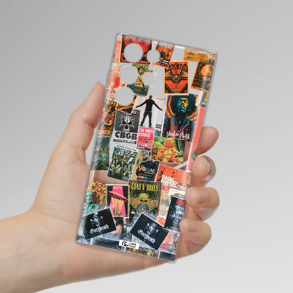 a collection of posters on a wall Samsung S 22 Ultra Clear TPU Case