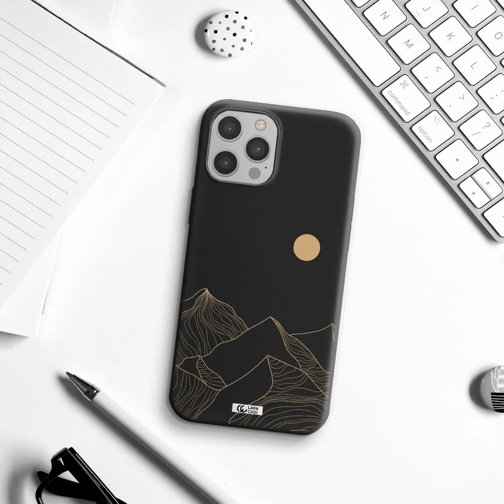 a mountain range with a sun in the background Apple iPhone 12 pro max Silicone black Case