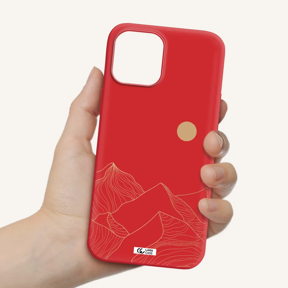 a mountain range with a sun in the background Apple iPhone 12 pro max Silicone Imperial Red Case