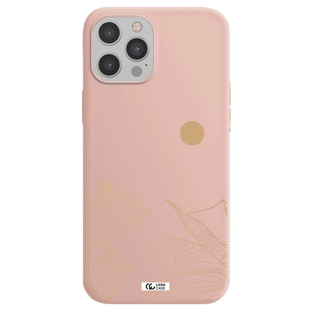a mountain range with a sun in the background Apple iPhone 12 pro max Silicone pastel pink Case
