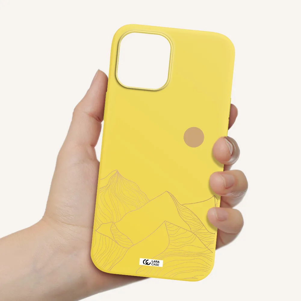 a mountain range with a sun in the background Apple iPhone 12 pro Silicone canary yellow Case