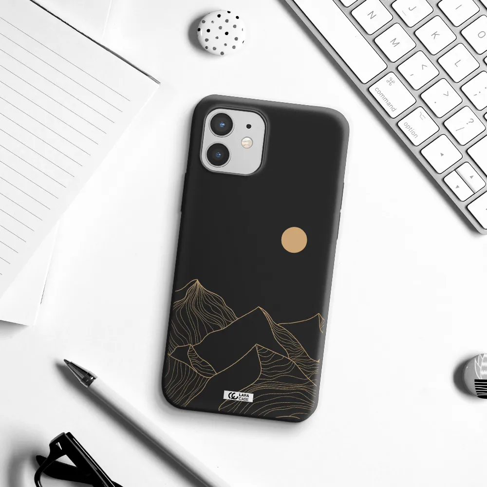 a mountain range with a sun in the background Apple iPhone 12 Silicone black Case