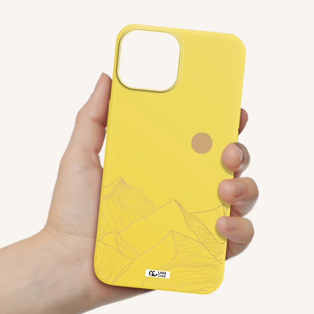a mountain range with a sun in the background Apple iPhone 13 mini Silicone canary yellow Case