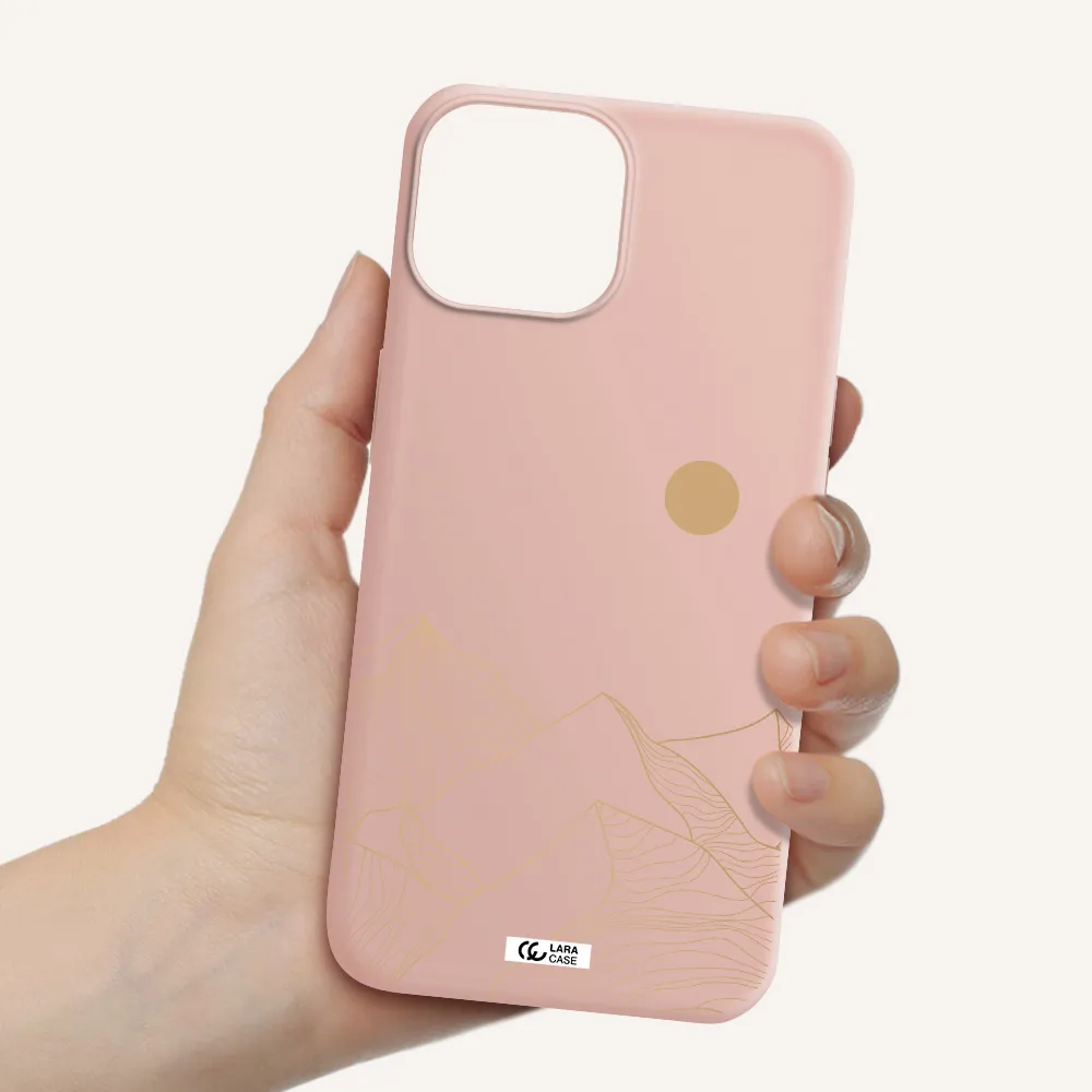 a mountain range with a sun in the background Apple iPhone 13 mini Silicone pastel pink Case