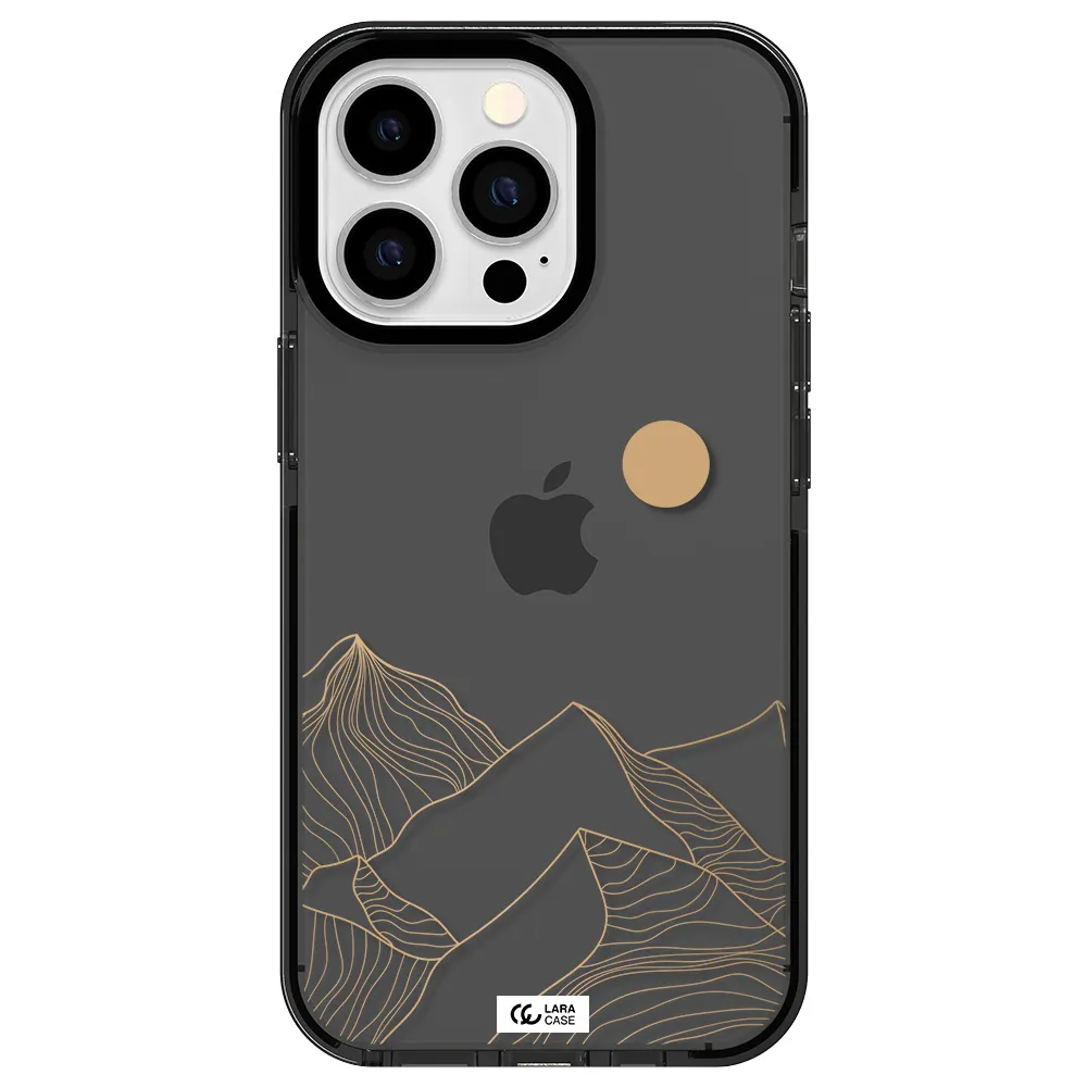a mountain range with a sun in the background Apple iPhone 13 Pro impact Smoke Black Case