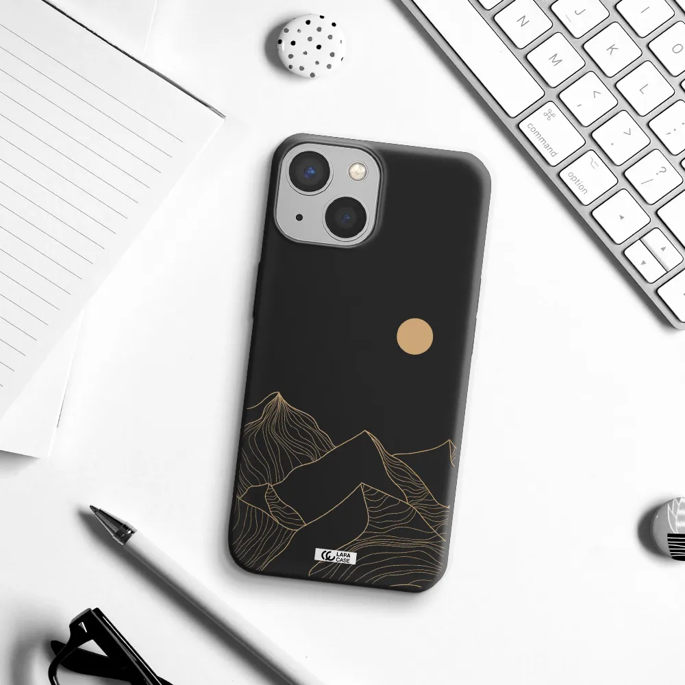 a mountain range with a sun in the background Apple iPhone 13 Silicone black Case
