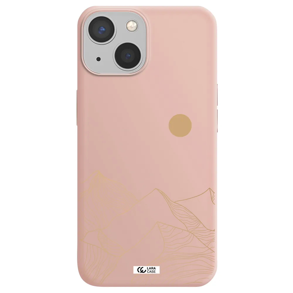 a mountain range with a sun in the background Apple iPhone 13 Silicone pastel pink Case