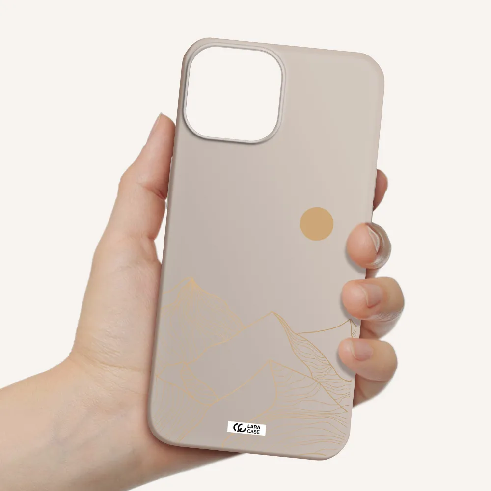 a mountain range with a sun in the background Apple iPhone 13 Silicone Stone Case