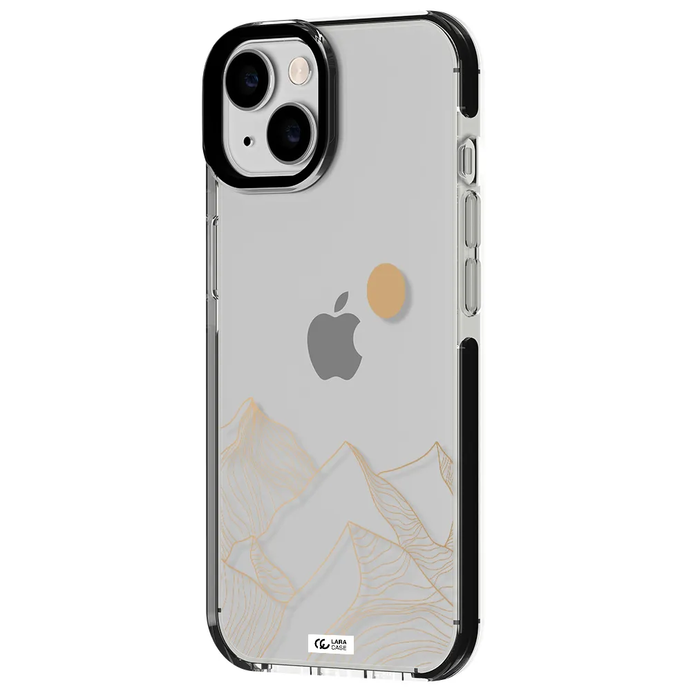 a mountain range with a sun in the background Apple iPhone 14 impact black border Case