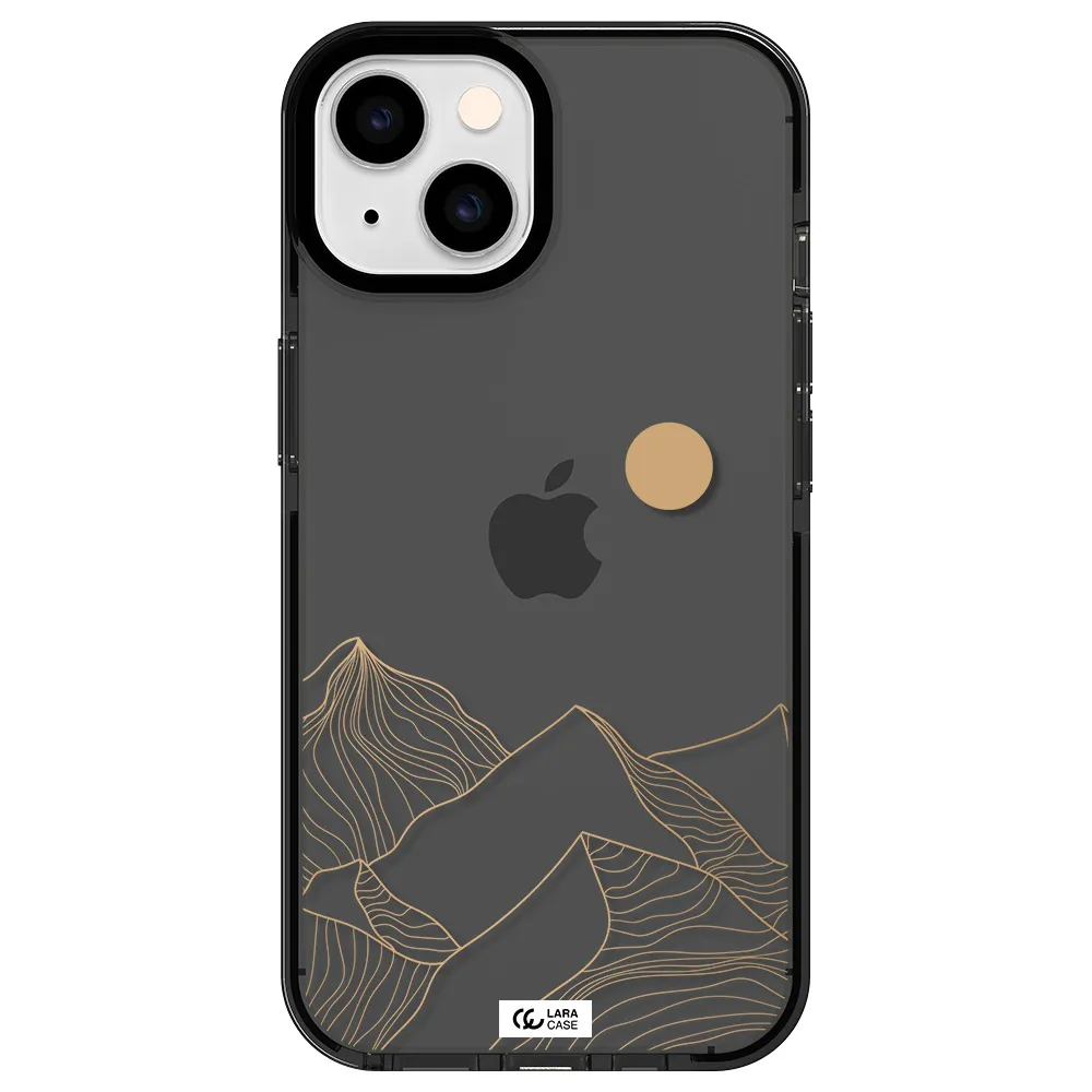 a mountain range with a sun in the background Apple iPhone 14 impact Smoke Black Case