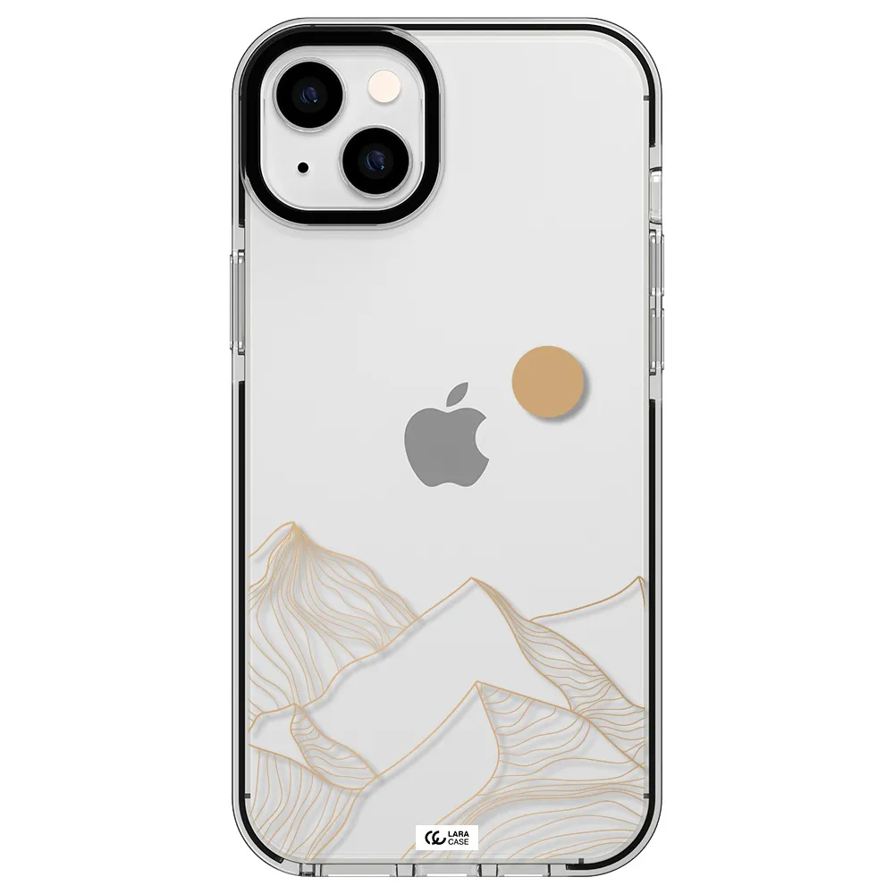 a mountain range with a sun in the background Apple iPhone 14 plus impact black border Case