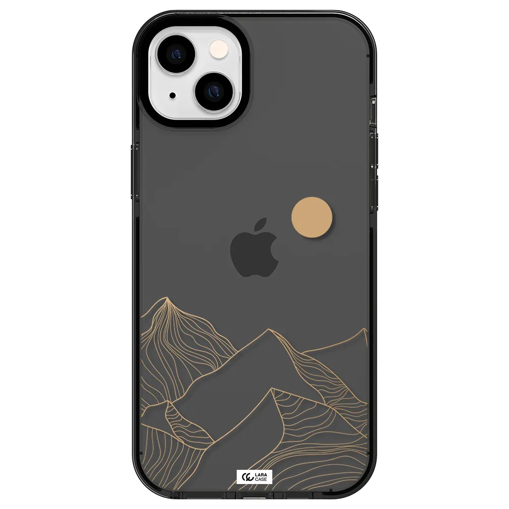 a mountain range with a sun in the background Apple iPhone 14 plus impact Smoke Black Case